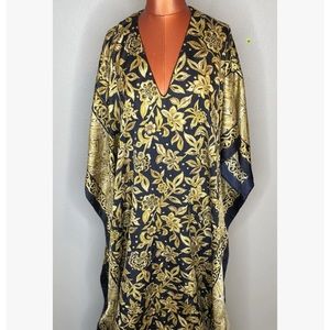 Vintage Winlar Black And Gold Floral Boho Kaftan Mumu Coverup One Size